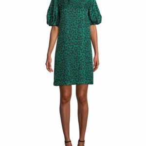 MILLY Melinda Emerald Green Leopard Print Silk Jacquard Shift Dress